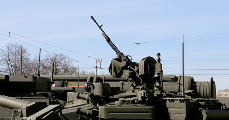 Russian weapons. Rehearsal of military parade near the Kremlin, Moscow, Russia.Celebration of the...