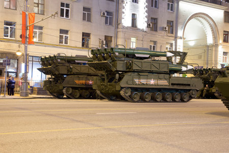 Russian weapons. Rehearsal of military parade (at night) near the Kremlin, Moscow,...