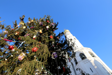 Ivan the Great Bell-Tower complex with New Year (Christmas)  tree. Cathedral Square, Inside of Moscow Kremlin, Russia. UNESCO World Heritage Siteのeditorial素材