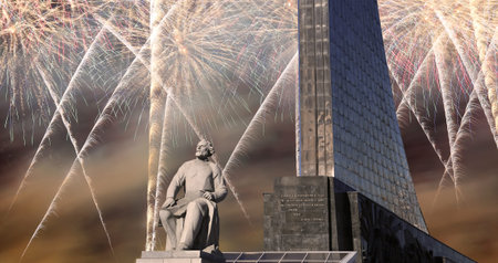 Conquerors of Space Monument in the park outdoors of Cosmonautics museum and fireworks, near VDNK exhibition center, Moscow, Russiaのeditorial素材