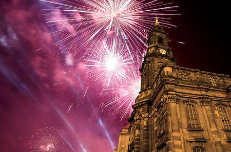 Hofkirche or Cathedral of Holy Trinity and holiday fireworks - baroque church in Dresden, Sachsen, Germanyの写真素材