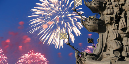 Fragment monument to Peter the Great and fireworks, Moscow, Russia-- located at the western confluence of the Moskva River and the Vodootvodny Canal in central Moscowの写真素材