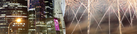 Skyscrapers of the International Business Center (City) and fireworks, Moscow, Russia