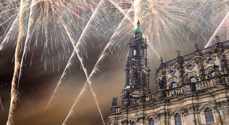 Hofkirche or Cathedral of Holy Trinity and holiday fireworks - baroque church in Dresden, Sachsen, Germanyの写真素材