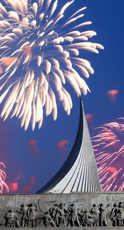 Conquerors of Space Monument in the park outdoors of Cosmonautics museum and fireworks, near VDNK exhibition center, Moscow, Russiaのeditorial素材