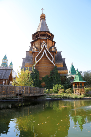 Church of St. Nicholas in Izmailovsky Kremlin (Kremlin in Izmailovo), Moscow, Russia. The new church, built in the traditions of Russian wooden architecture  の写真素材