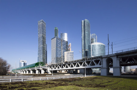 Moscow Central Circle - Little Ring, MCC,or MK MZD, and skyscrapers of the International Business Center (City), Russia. Delovoy Tsentr railway station Moscow Central Circle - Little Ring, MCC,or MK MZD, and skyscrapers of the International Business Center (City), Russia. Delovoy Tsentr railway station