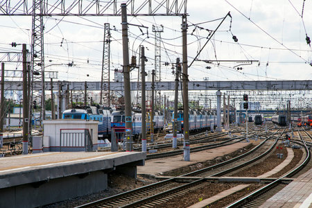 Train on Kiyevskaya railway station  (Kiyevsky railway terminal,  Kievskiy vokzal) -- is one of the nine main railway stations of Moscow, Russiaのeditorial素材