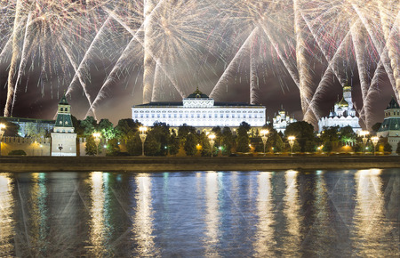 Fireworks over the Moscow Kremlin and the Moscow river. Moscow, Russiaのeditorial素材
