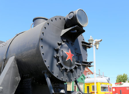 Ancient steam locomotive, Moscow museum of railway in Russia, Rizhsky railway station (Rizhsky...