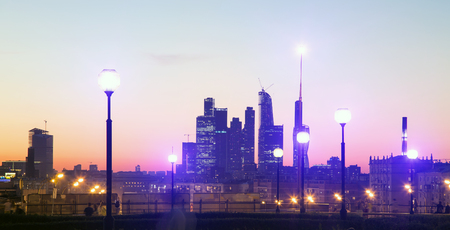 Skyscrapers International Business Center (City) at night, Moscow, Russiaの写真素材