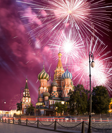 Fireworks over the Saint Basil cathedral ( Temple of Basil the Blessed), Red Square, Moscow, Russia