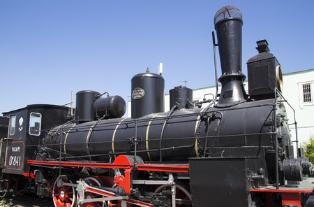 Ancient steam locomotive, Moscow museum of railway in Russia, Rizhsky railway station (Rizhsky vokzal, Riga station)のeditorial素材