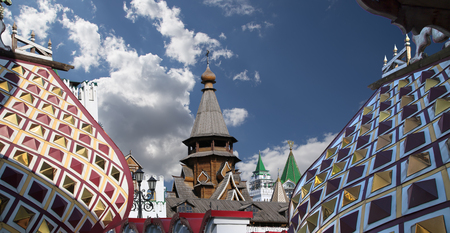 Church of St. Nicholas in Izmailovsky Kremlin (Kremlin in Izmailovo), Moscow, Russia. The new church, built in the traditions of Russian wooden architectureの写真素材