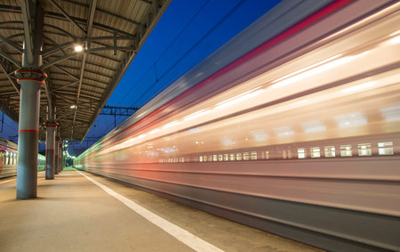 Train on Moscow passenger platform (Savelovsky railway station) railway stations in Moscow, Russia...