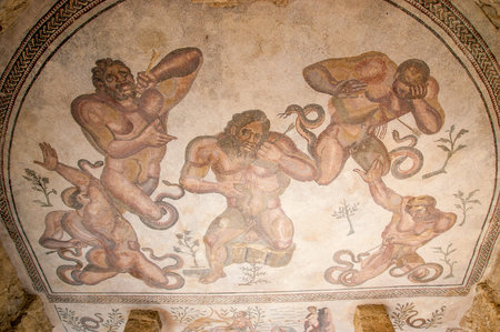 Mosaic fragment Roman Villa Romana del Casale, Sicily,のeditorial素材