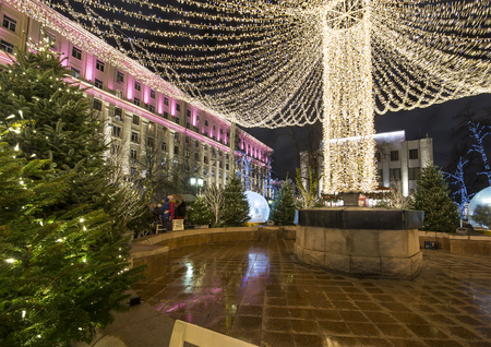 Christmas and New Year holidays illumination in Moscow city center on Tverskaya square (at night), Russia     のeditorial素材