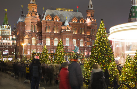 Christmas (New Year holidays) illumination and State Historical Museum at night, near the Kremlin  in Moscow, Russia   のeditorial素材