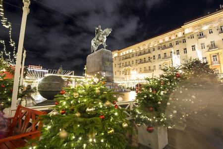 Christmas and New Year holidays illumination in Moscow city center on Tverskaya square (at night). Yury Dolgoruky  Monument, Russia のeditorial素材