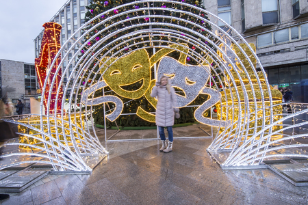 Christmas and New Year holidays illumination in Moscow city center (Pushkin Square) at night, Russia     のeditorial素材