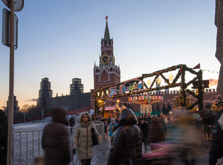 Christmas and New Year holidays illumination at night, Red Square in Moscow, Russia.