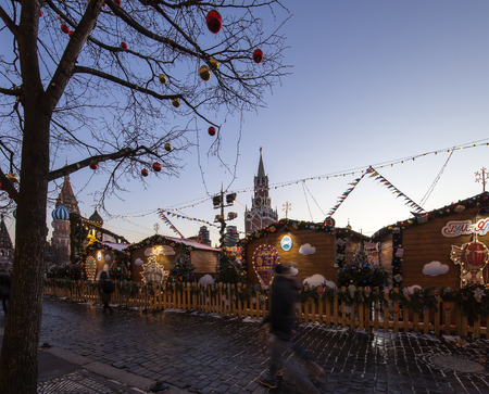 Christmas and New Year holidays illumination at night, Red Square in Moscow, Russia.のeditorial素材