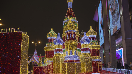 Christmas (New Year holidays) decoration on the area of the Kiyevskaya (Kiyevsky ) Railway Station at night, Moscow, Russia   のeditorial素材