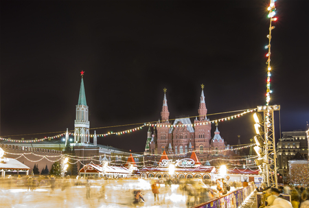 Christmas and New Year holidays illumination at night, Red Square in Moscow, Russia.のeditorial素材