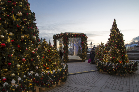 Christmas and New Year holidays illumination and Manege Square at night. Moscow, Russia  のeditorial素材