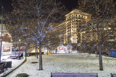 Christmas and New Year holidays illumination and Four Seasons Hotel Moscow at night. Russia  のeditorial素材