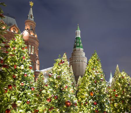 Christmas and New Year holidays illumination at night, Kremlin in Moscow, Russia. のeditorial素材