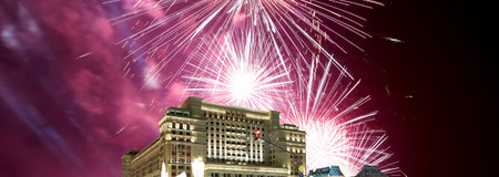 Fireworks over the Christmas and New Year holidays illumination and Four Seasons Hotel at night. Moscow. Russia  のeditorial素材