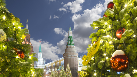 Christmas and New Year holidays illumination at night, Kremlin in Moscow, Russia.のeditorial素材
