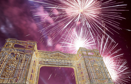 Fireworks over the Christmas and New Year holidays illumination in Moscow city center (at night), Russia     の写真素材
