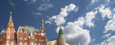 State Historical Museum (inscription in Russian) at night, near the Kremlin  in Moscow, Russia