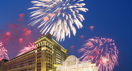 Fireworks over the Christmas and New Year holidays illumination and Four Seasons Hotel at night. Moscow. Russia  のeditorial素材