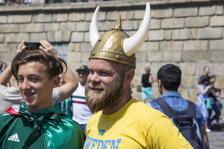 Football fans walking the streets of Moscow, Russia. 2018 FIFA World Cup in Russiaのeditorial素材