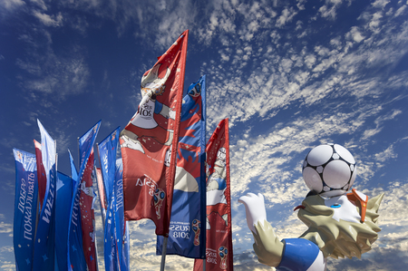 Wolf Zabivaka and Welcome flags in honour of the 2018 FIFA World Cup in Russiaのeditorial素材