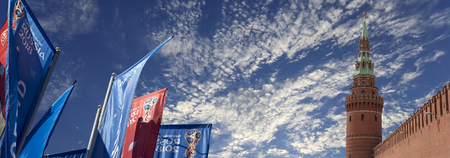 Welcome flags on Moscow streets in honour of the 2018 FIFA World Cup in Russiaのeditorial素材