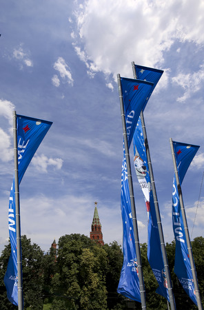 Welcome flags on Moscow streets in honour of the 2018 FIFA World Cup in Russiaのeditorial素材