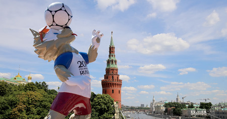 Official symbols of the 2018 FIFA World Cup in Russia (against the background of Moscow landmarks)のeditorial素材