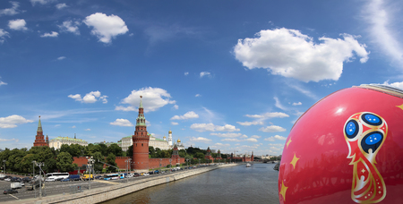 Official symbols of the 2018 FIFA World Cup in Russia (against the background of Moscow landmarks)のeditorial素材