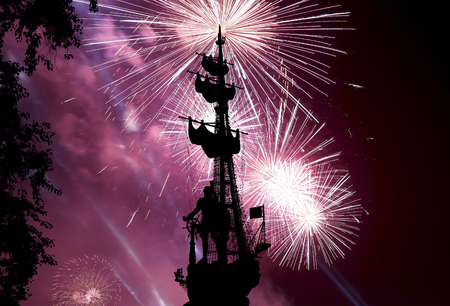 Fireworks over the Piter the Thirst Monument, Moskow, Russia (at night)のeditorial素材