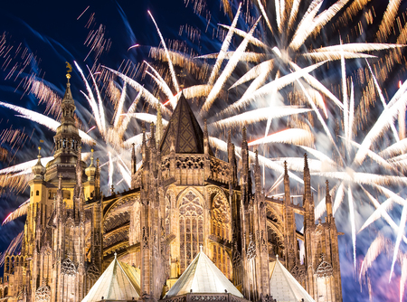 St. Vitus Cathedral (Roman Catholic cathedral ) and holiday fireworks  -- Prague Castle and Hradcany, Czech Republicのeditorial素材