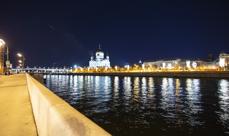 View of the Moskva River and the Christ the Savior Cathedral (at night), Moscow, Russia.の写真素材