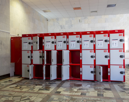 Lockers cabinets in a locker room. lockers at a railway station on Yaroslavsky railway station -- is one of the nine main railway stations of Moscow, Russiaのeditorial素材