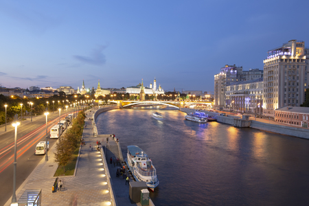 Moskva River and the Kremlin (at night), Moscow, Russia--the most popular view of Moscowの写真素材