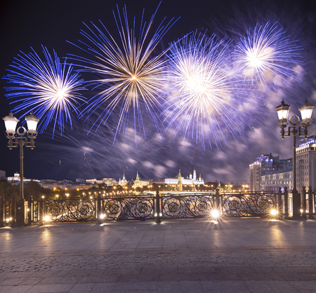 Fireworks over the Kremlin (at night), Moscow, Russia--the most popular view of Moscowの写真素材