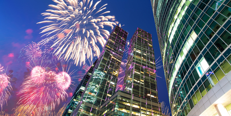 Fireworks over the Skyscrapers of the International Business Center (City), Moscow, Russiaの写真素材