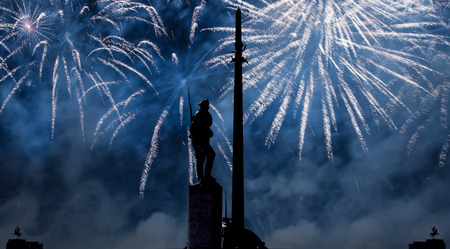 Fireworks over the War memorial in Victory Park on Poklonnaya Hill (Gora), Moscow, Russiaのeditorial素材